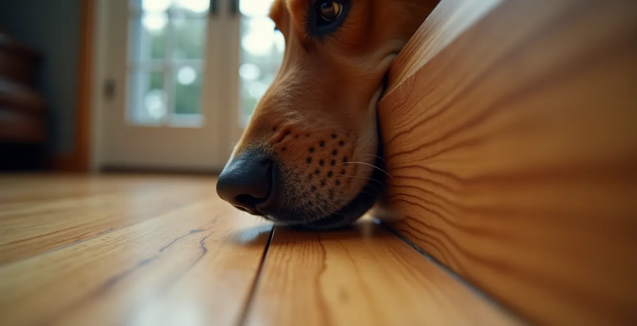 Gros plan macro d'un chien renifleur détectant des punaises de lit dans une plinthe