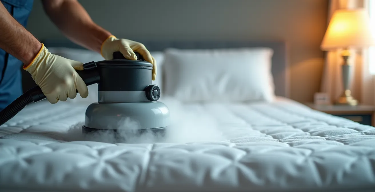 Technicien utilisant un équipement professionnel de traitement vapeur haute température sur un matelas